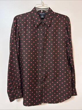 Women’s 100% Silk Brown Button-Down Shirt with Pink Polka Dots